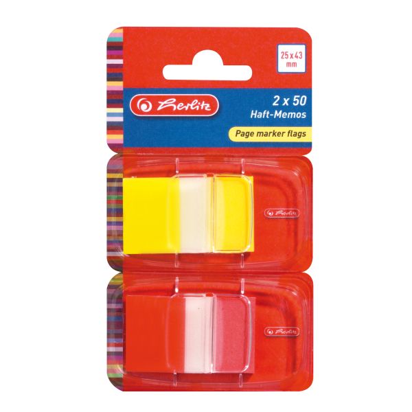 záložky Page marker flags, 25 x 43 mm 2 x 50 lístků, PET, transparentní, žlutá a červená špička
