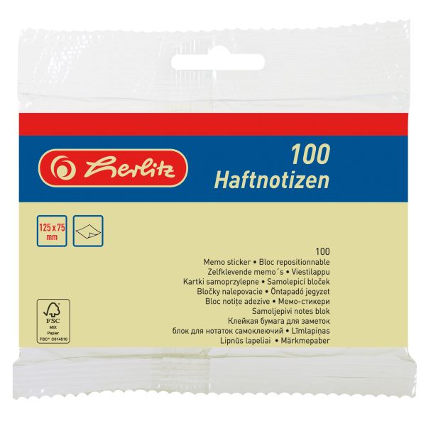 Haftnotizblock 125x75mm 100 Blatt gelb Hängeware FSC Mix