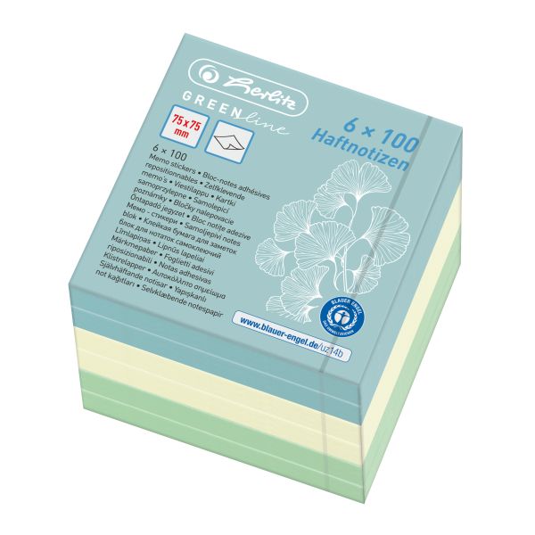 Haftnotizblock 75x75 mm 6x100 Blatt GREENline farbig sortiert