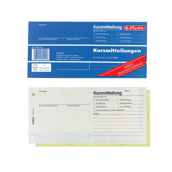 Kurzmitteilung 21x10,5 cm 2x40 Blatt selbstdurchschreibend FSC
