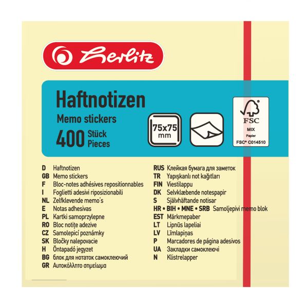 Haftnotizblock 75x75 mm 400 Blatt gelb FSC Mix