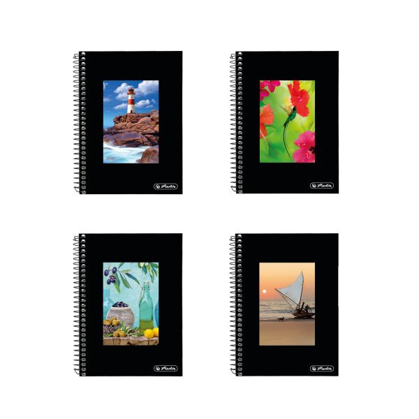 spiral note pad 10x14 Black Box 70 sheets squared 4 assorted motifs