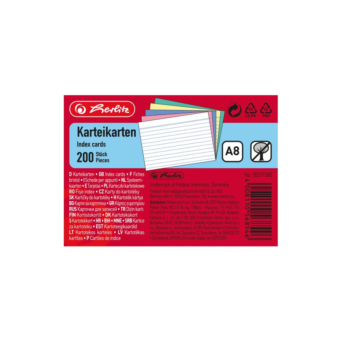 index card A8 ruled assoreted colors 4 colors plus white 200 pieces -  Herlitz