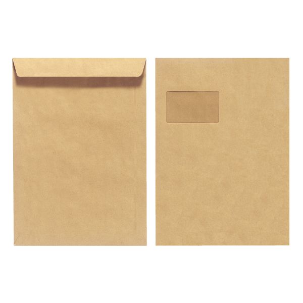 Конверты почтовые, самоклеящиеся С4 90 гр, с окошком, коричневые, 10 штук